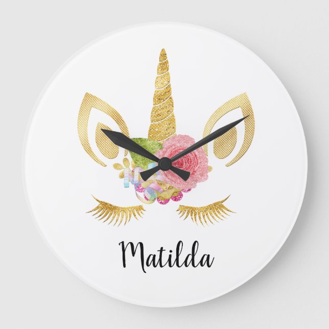 Elegant cute pretty floral gold glitter unicorn large clock (Front)