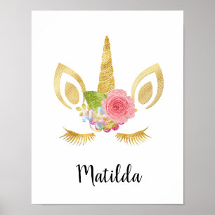 Elegant cute pretty floral gold glitter unicorn poster
