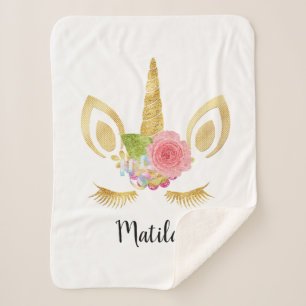 Elegant cute pretty floral gold glitter unicorn sherpa blanket