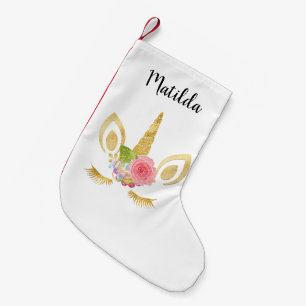 Elegant cute pretty floral gold glitter unicorn small christmas stocking