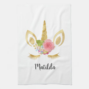 Elegant cute pretty floral gold glitter unicorn tea towel
