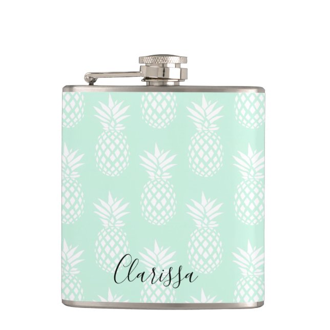 Elegant cute pretty mint green pineapple pattern hip flask (Front)