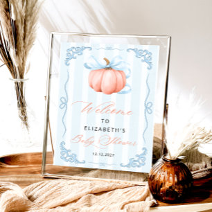 Elegant Cute Pumpkin Blue Bow Baby Shower  Poster