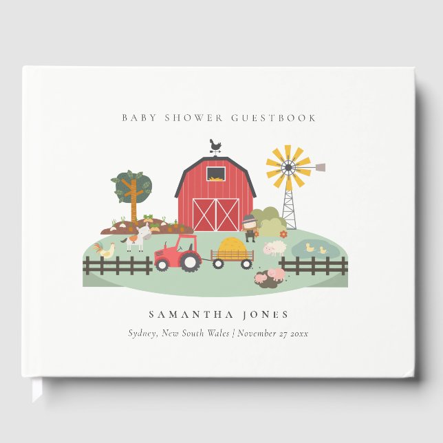 Elegant Cute Red Barnyard Farm Animal Baby Shower Guest Book (Front)