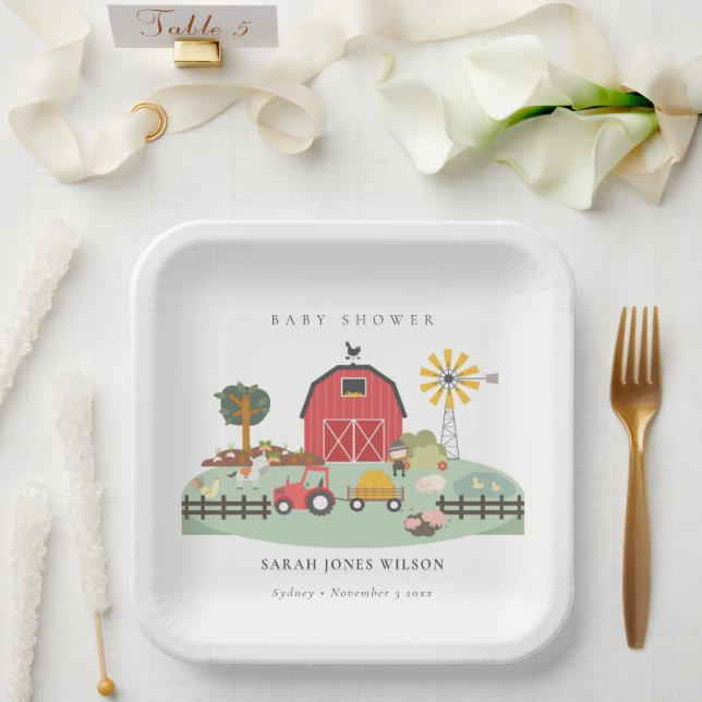 Elegant Cute Red Barnyard Farm Animal Baby Shower Paper Plate (Wedding)