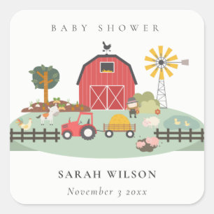 Elegant Cute Red Barnyard Farm Animal Baby Shower Square Sticker