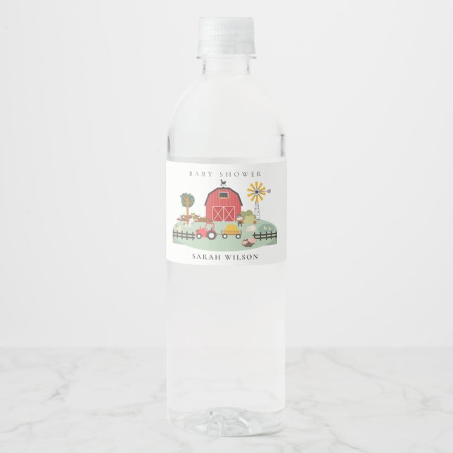 Elegant Cute Red Barnyard Farm Animal Baby Shower Water Bottle Label (Front)