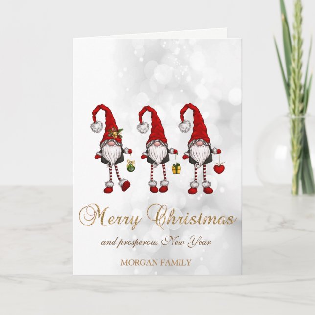 Elegant Cute Red Gnomes Bokeh   Holiday Card (Front)