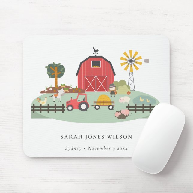 Elegant Cute Red Green Barnyard Farm Animal Kids  Mouse Mat (With Mouse)