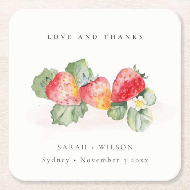 Elegant Cute Red Strawberry Leafy Foliage Wedding Square Paper Coaster (Front)