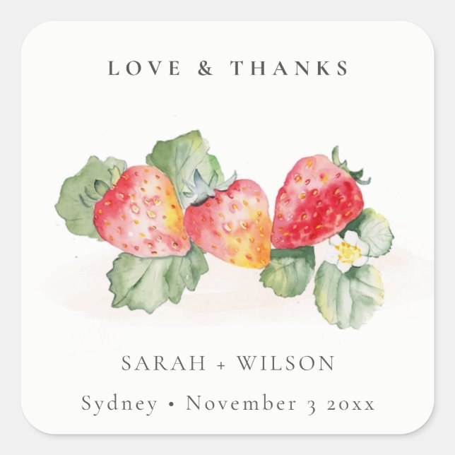 Elegant Cute Red Strawberry Leafy Foliage Wedding Square Sticker (Front)