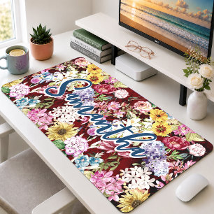 Elegant Cute Red Yellow Floral Monogram Desk Mat