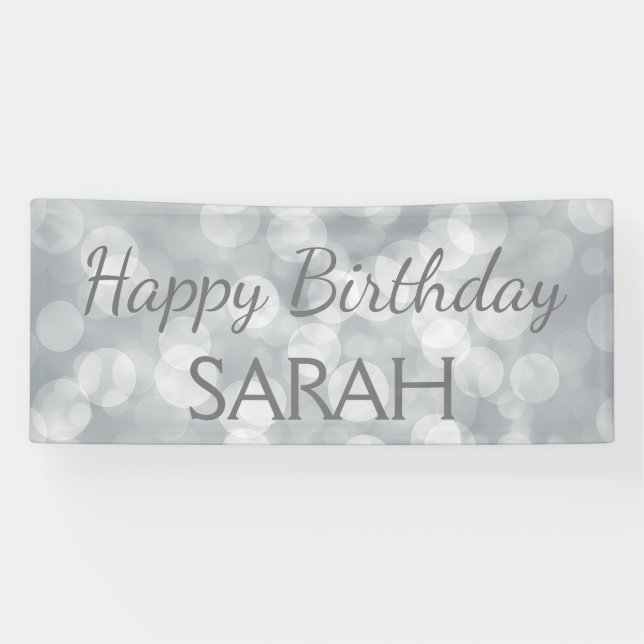 Elegant Cute Silver Glittery Bokeh Happy Birthday Banner (Horizontal)