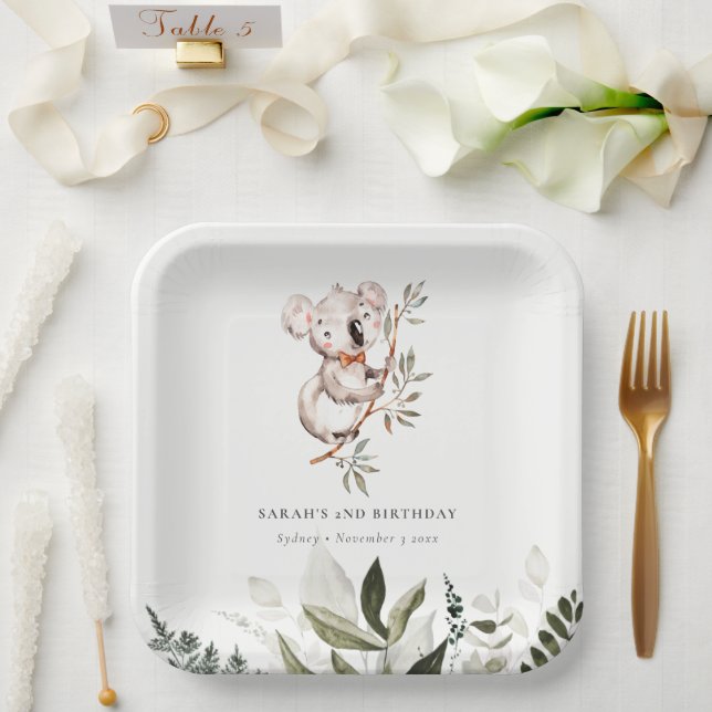 Elegant Cute Sleepy Koala Foliage Any Age Birthday Paper Plate (Wedding)