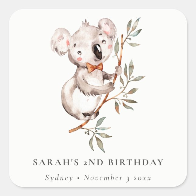 Elegant Cute Sleepy Koala Foliage Any Age Birthday Square Sticker (Front)