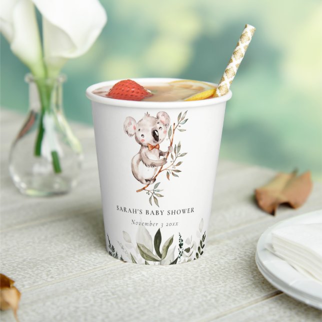 Elegant Cute Sleepy Koala Foliage Baby Shower Paper Cups (Insitu)