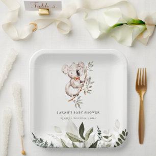 Elegant Cute Sleepy Koala Foliage Baby Shower Paper Plate