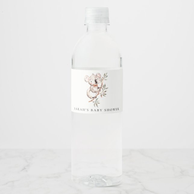 Elegant Cute Sleepy Koala Foliage Baby Shower Water Bottle Label (Front)