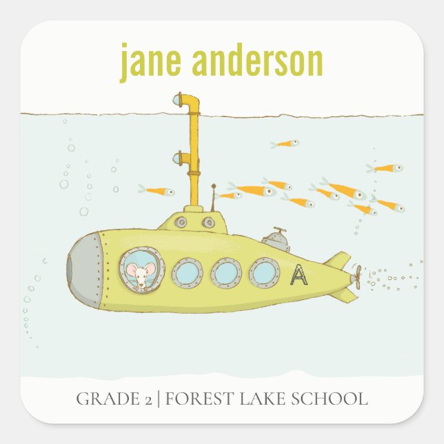 Elegant Cute Underwater Submarine Kids Monogram Square Sticker (Front)
