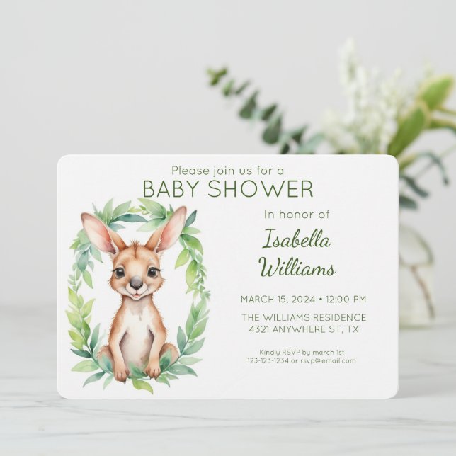 Elegant Cute Watercolor Kangaroo Baby Shower Invitation (Standing Front)