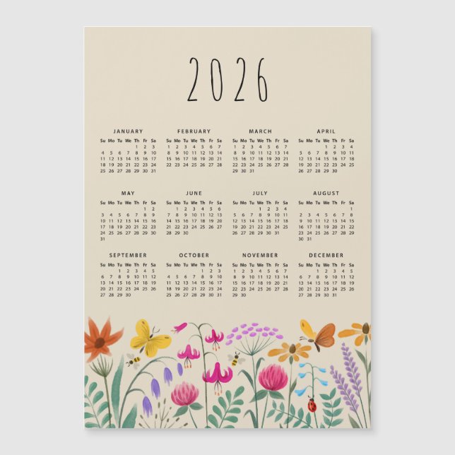 Elegant Cute Watercolor Wildflowers Calendar 2026  (Front)