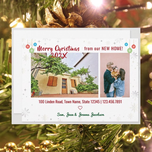 Elegant Cute We've Moved for Christmas Photos Announcement (Simple Modern Elegant Cute We've Moved New Home Christmas Baubles 2 Photos Modern Cute Handwriting)