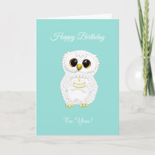 Elegant Cute White Birthday Owl on Teal Card
