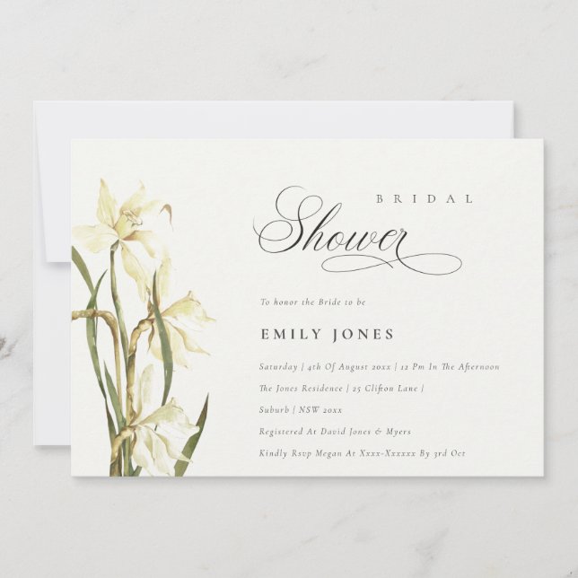 Elegant Cute White Daffodil Bridal Shower Invite (Front)