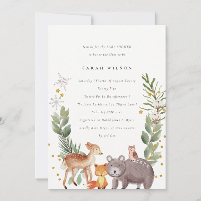 Elegant Cute Woodland Animal Leafy Baby Shower Invitation (Front)