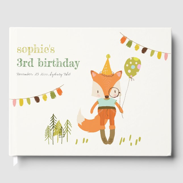 Elegant Cute Woodland Fun Party Fox Kids Birthday Guest Book (Front)