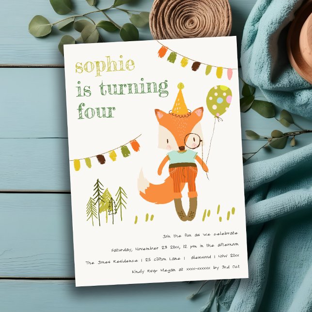 Elegant Cute Woodland Fun Party Fox Kids Birthday Invitation (Creator Uploaded)