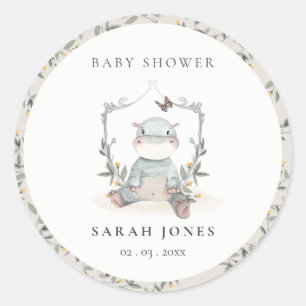 Elegant Cute Yellow Baby Hippo Foliage Baby Shower Classic Round Sticker