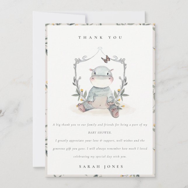 Elegant Cute Yellow Baby Hippo Foliage Baby Shower Thank You Card (Front)