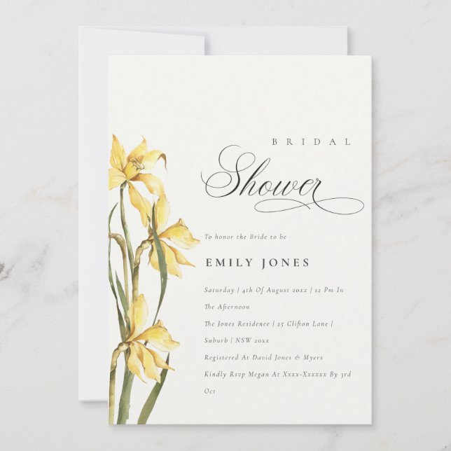 Elegant Cute Yellow Daffodil Bridal Shower Invite (Front)