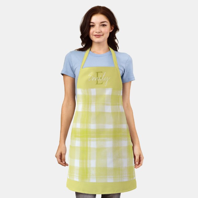 Elegant Cute yellow White Plaid Monogram Christmas Apron (Worn)