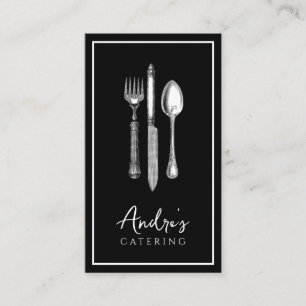 Elegant Cutlery Logo Catering Black Business Card
