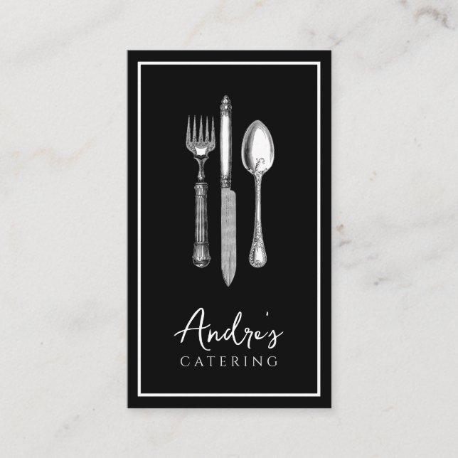 Elegant Cutlery Logo Catering Black Business Card (Front)