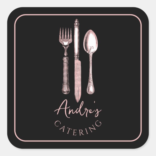 Elegant Cutlery Logo Catering Black Square Sticker (Front)