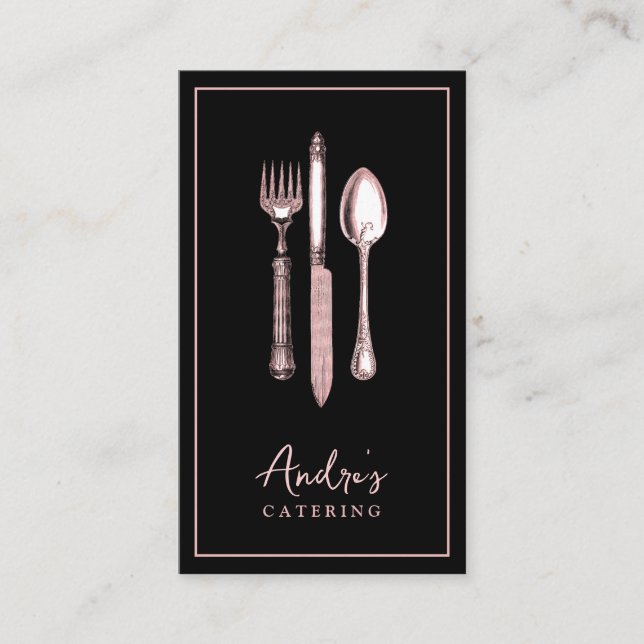 Elegant Cutlery Utensils Logo Catering Black Business Card (Front)