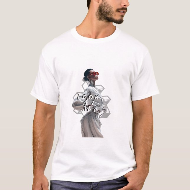 Elegant Cyborg in White Futurisistic Fashion T-Shirt (Front)
