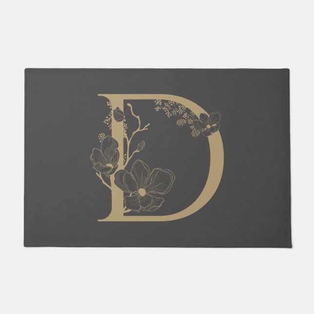 Elegant D Boho Floral Monogram Initial Grey Gold Doormat (Front)