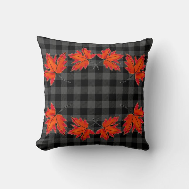 Elegant d leaves Red Maple leaves grey plaid Cushion (Front)