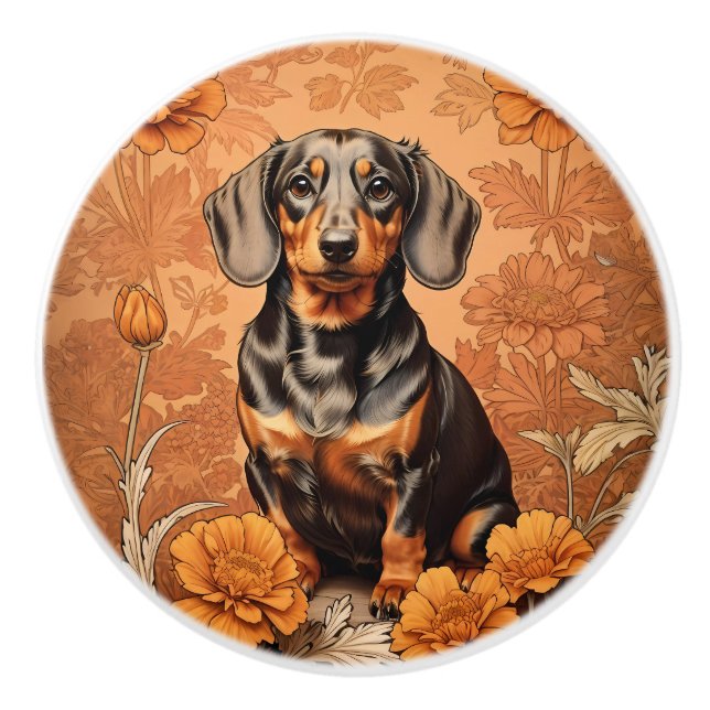 Elegant Dachshund And Marigolds   Ceramic Knob (Front)