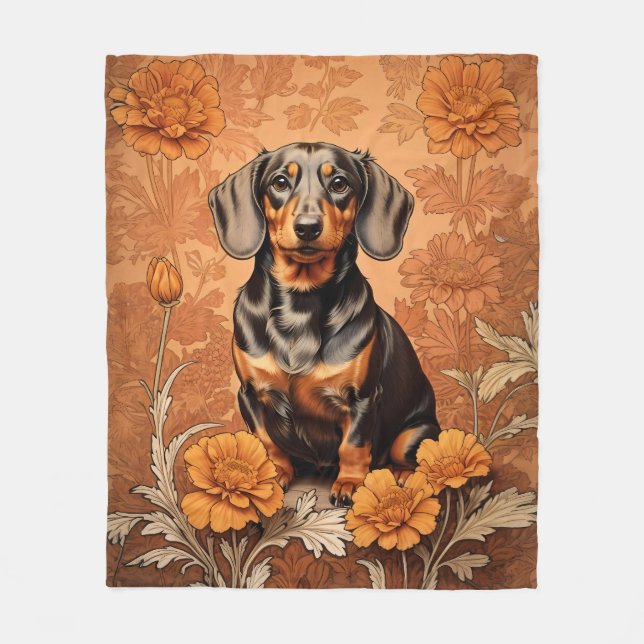 Elegant Dachshund And Marigolds   Fleece Blanket (Front)