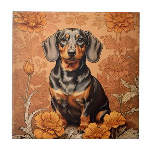 Elegant Dachshund And Marigolds   Tile
