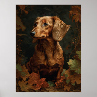 Elegant Dachshund with Autumn Leaves | Floral Pet Poster