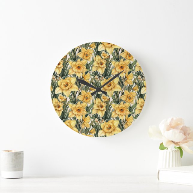 Elegant Daffodil Yellow Watercolor Flowers  Large Clock (Home)