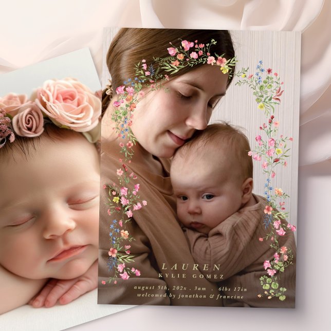 elegant dainty floral arch spring two photo baby announcement (Creator Uploaded)