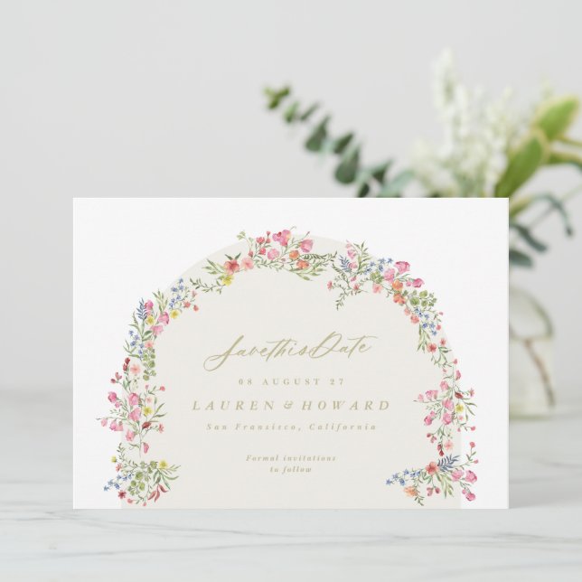 elegant dainty floral arch spring wedding photo save the date (Standing Front)
