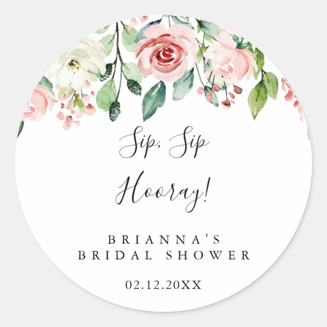 Elegant Dainty Floral Sip Sip Hooray Bridal Shower Classic Round Sticker (Front)